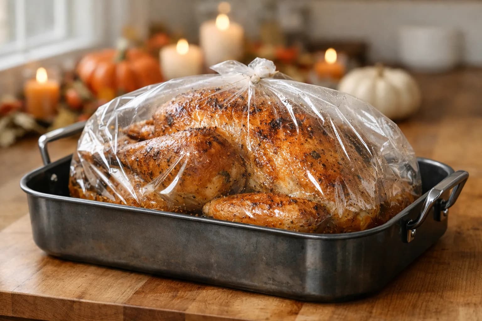 A golden roast turkey inside a clear oven bag in a deep roasting pan on a kitchen counter