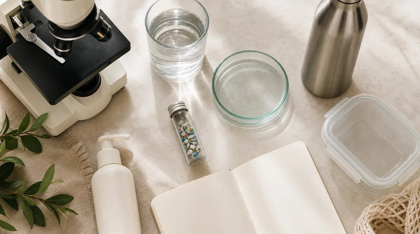 A research desk with laboratory glassware beside a screen showing a product database