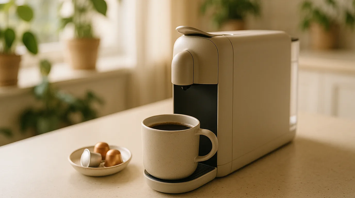 A single-serve pod coffee machine beside a mug of coffee on a bright kitchen counter