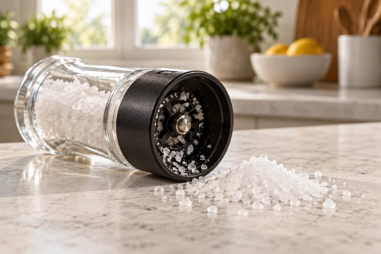 Unbranded clear salt grinder with a black plastic grinding head beside coarse salt on a kitchen counter