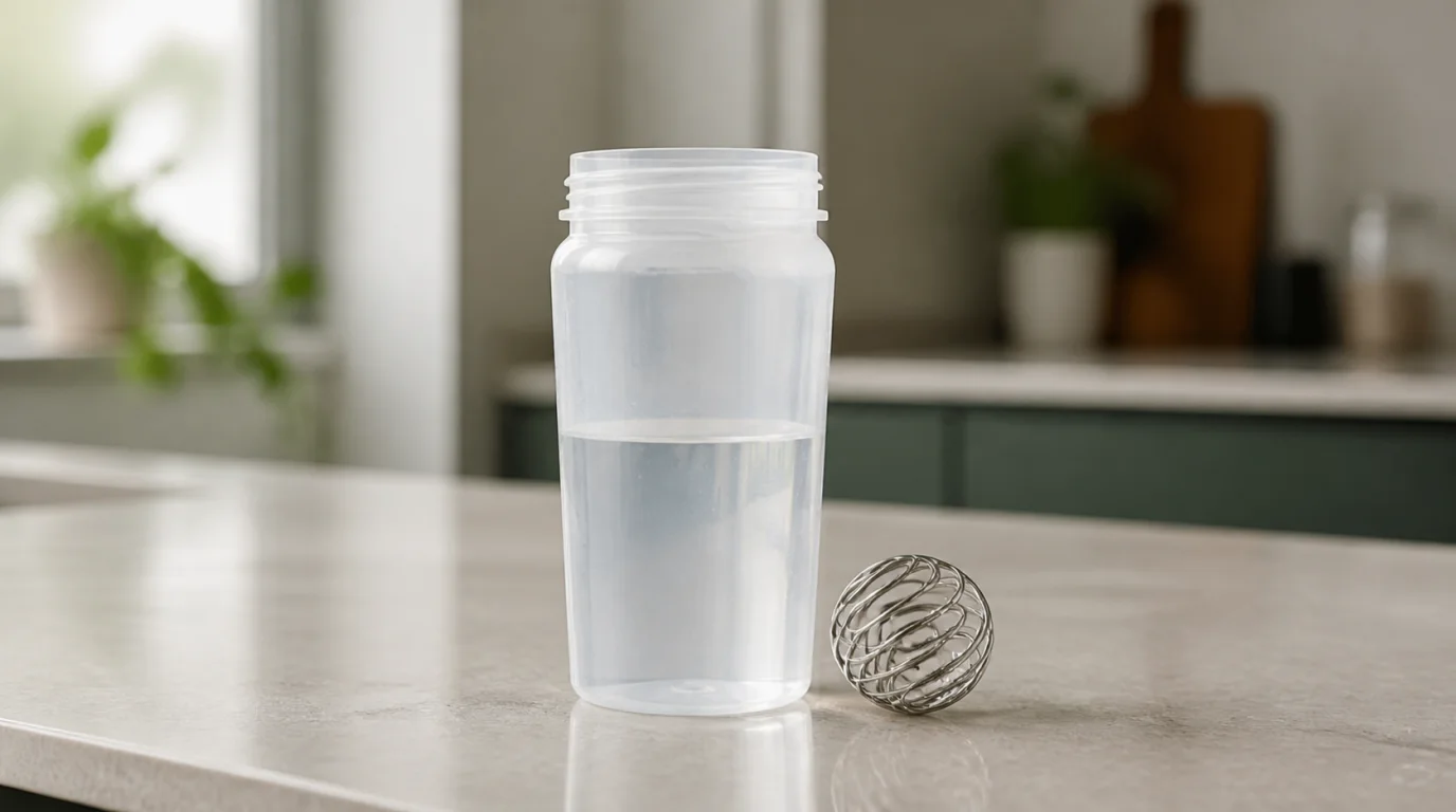 An unbranded translucent protein shaker bottle beside a stainless-steel wire mixing ball
