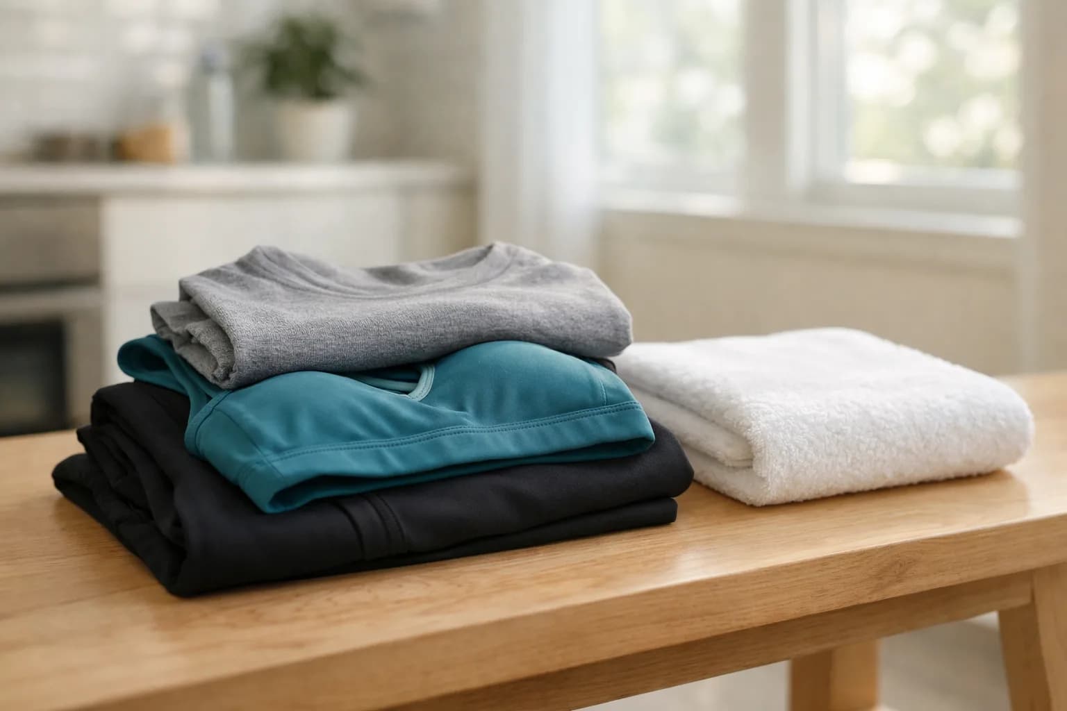 Folded polyester and spandex leggings, a sports bra and a workout shirt on a wooden bench beside a cotton towel