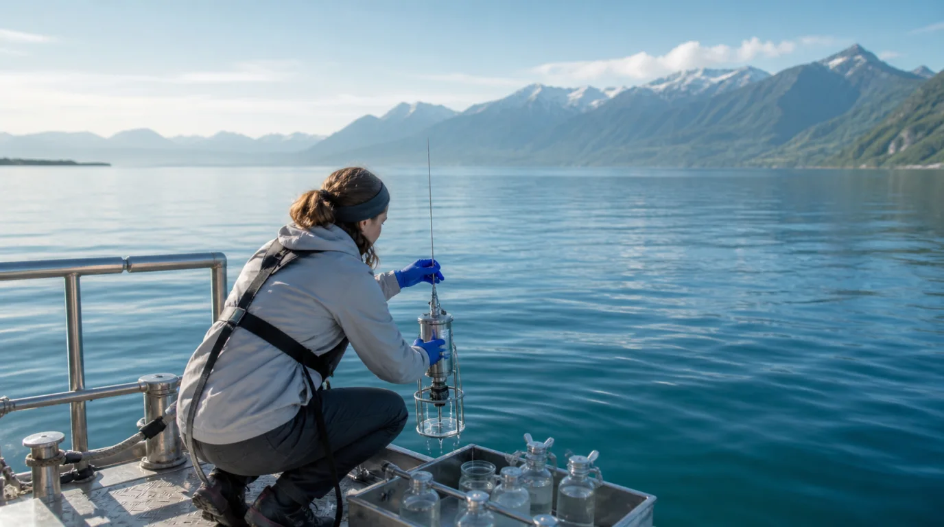 A researcher collecting water samples from an alpine lake research platform