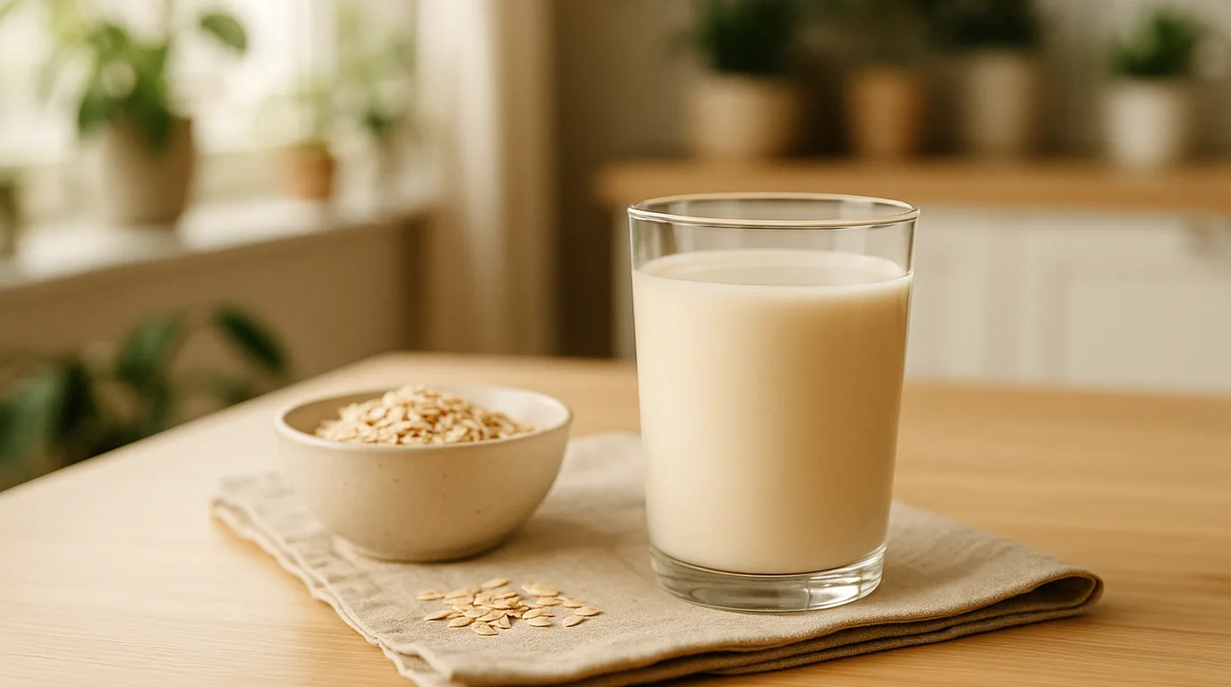A glass of creamy oat milk beside a bowl of oats on a bright wooden counter