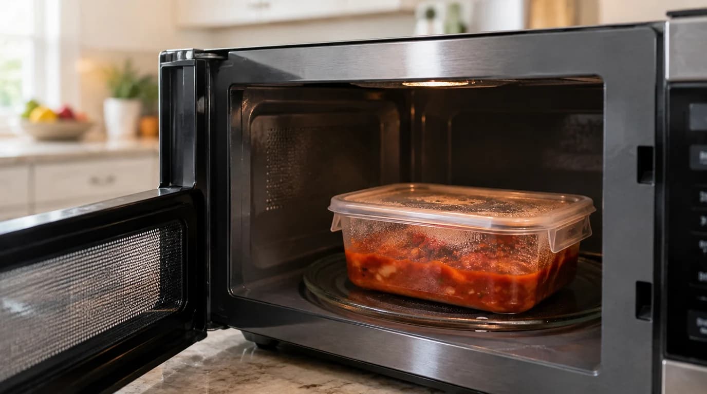 Clear plastic food container with tomato-based leftovers inside an open microwave