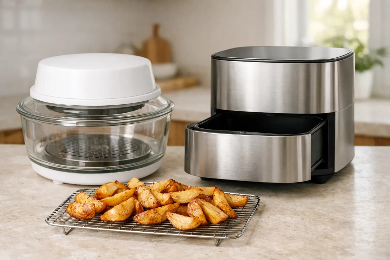 A glass-bowl air fryer and a basket air fryer side by side on a kitchen counter with crispy potatoes on a stainless rack