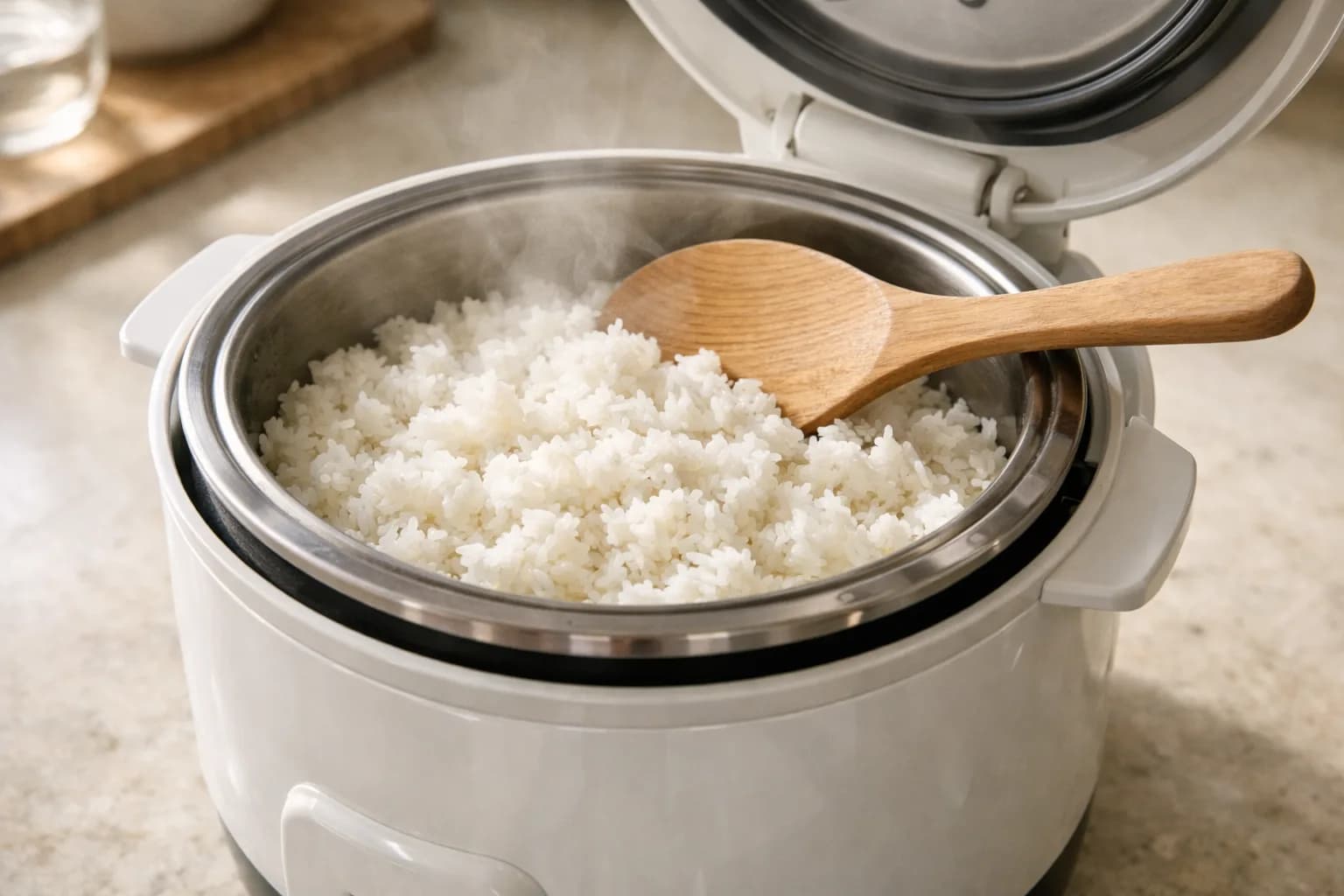 Freshly cooked white rice in an uncoated stainless steel rice cooker pot with a wooden rice paddle on a kitchen counter