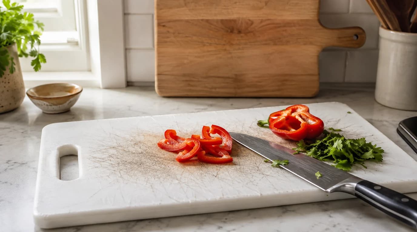 Scratched white plastic cutting board with sliced red pepper beside a wooden board