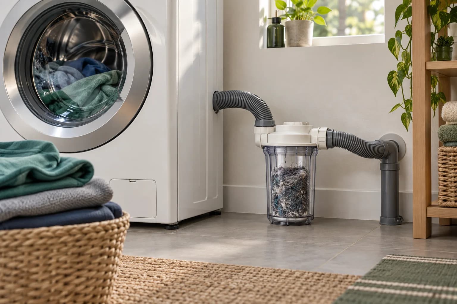 External microfiber filter connected to a washing-machine drain hose