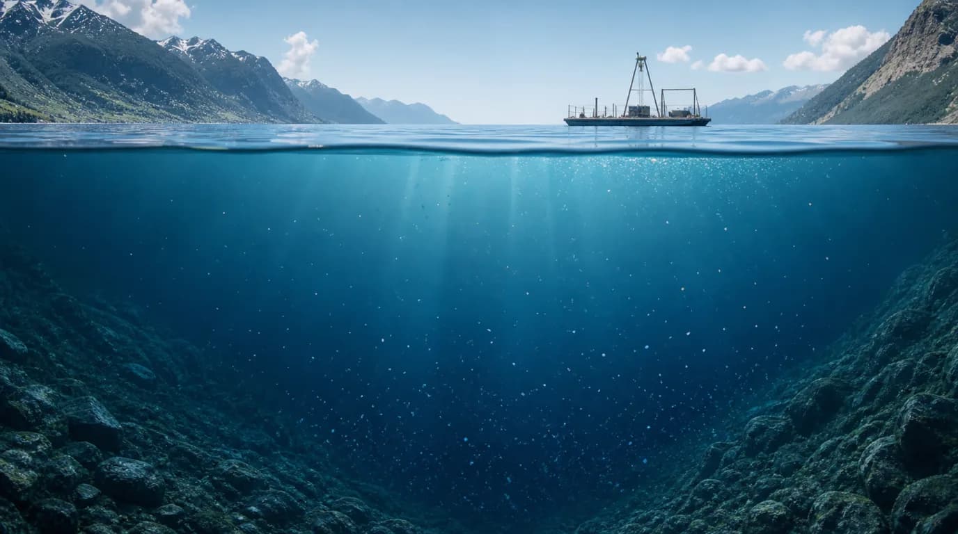 Illustrative cutaway of an alpine lake showing particles distributed through surface and deep water