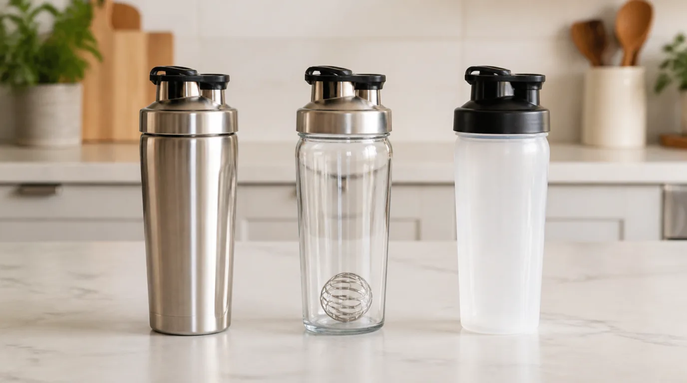 Stainless-steel, glass and translucent plastic reusable shaker bottles arranged on a kitchen counter