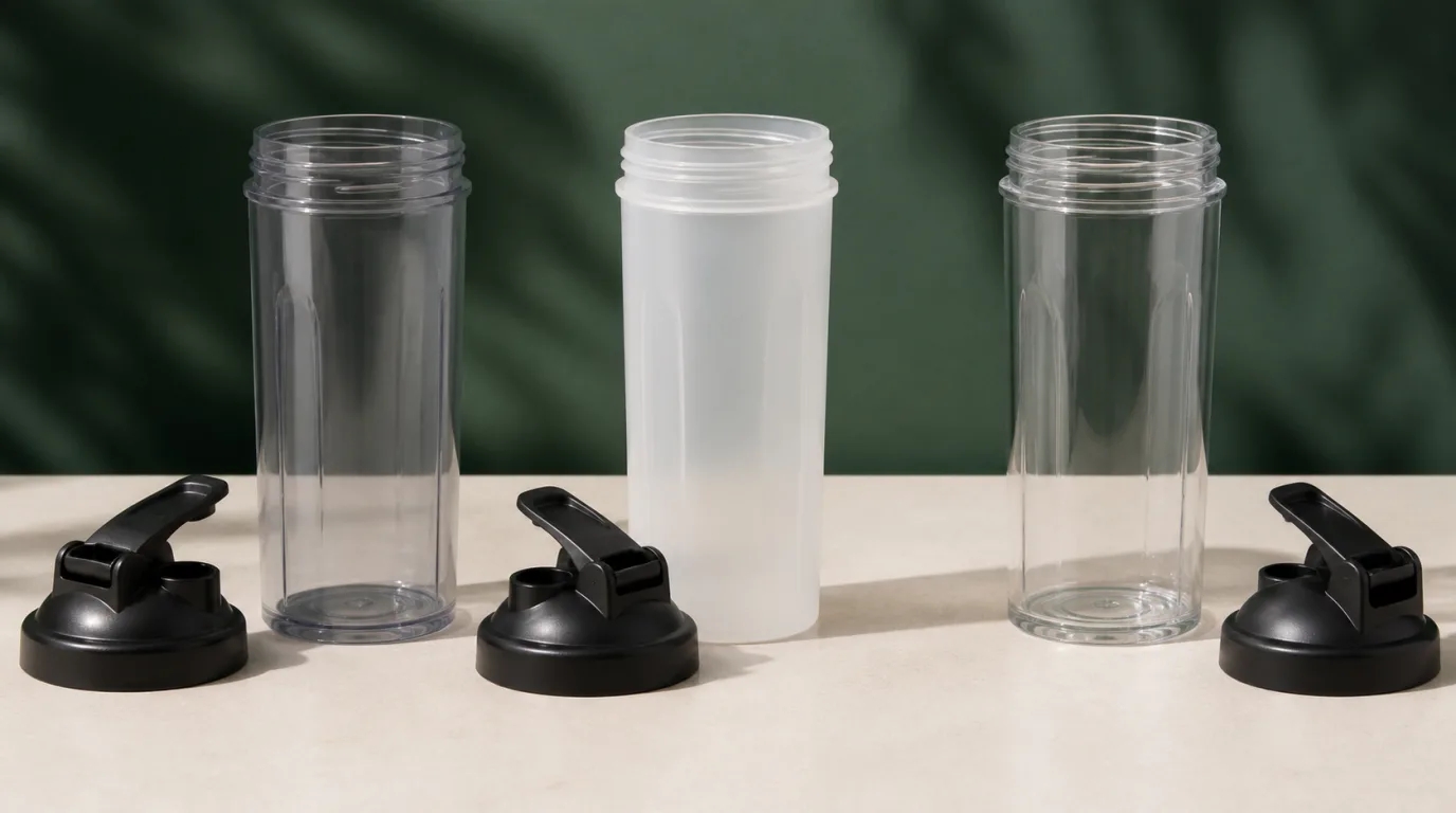 Three unbranded shaker bottles illustrating clear polycarbonate, cloudy polypropylene and clear copolyester constructions