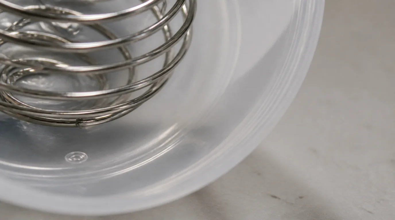 Close view of a stainless-steel mixing ball touching the inner wall of a translucent shaker bottle