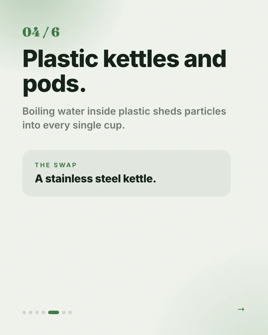 Kitchen audit card: plastic kettles and pods boil water inside plastic, shedding particles into every cup. Swap: a stainless steel kettle.