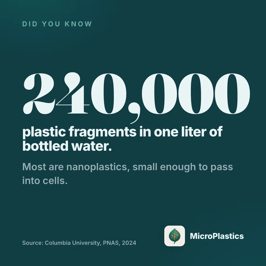Stat card: 240,000 plastic fragments in one liter of bottled water, most of them nanoplastics small enough to pass into cells. Source: Columbia University, PNAS 2024.