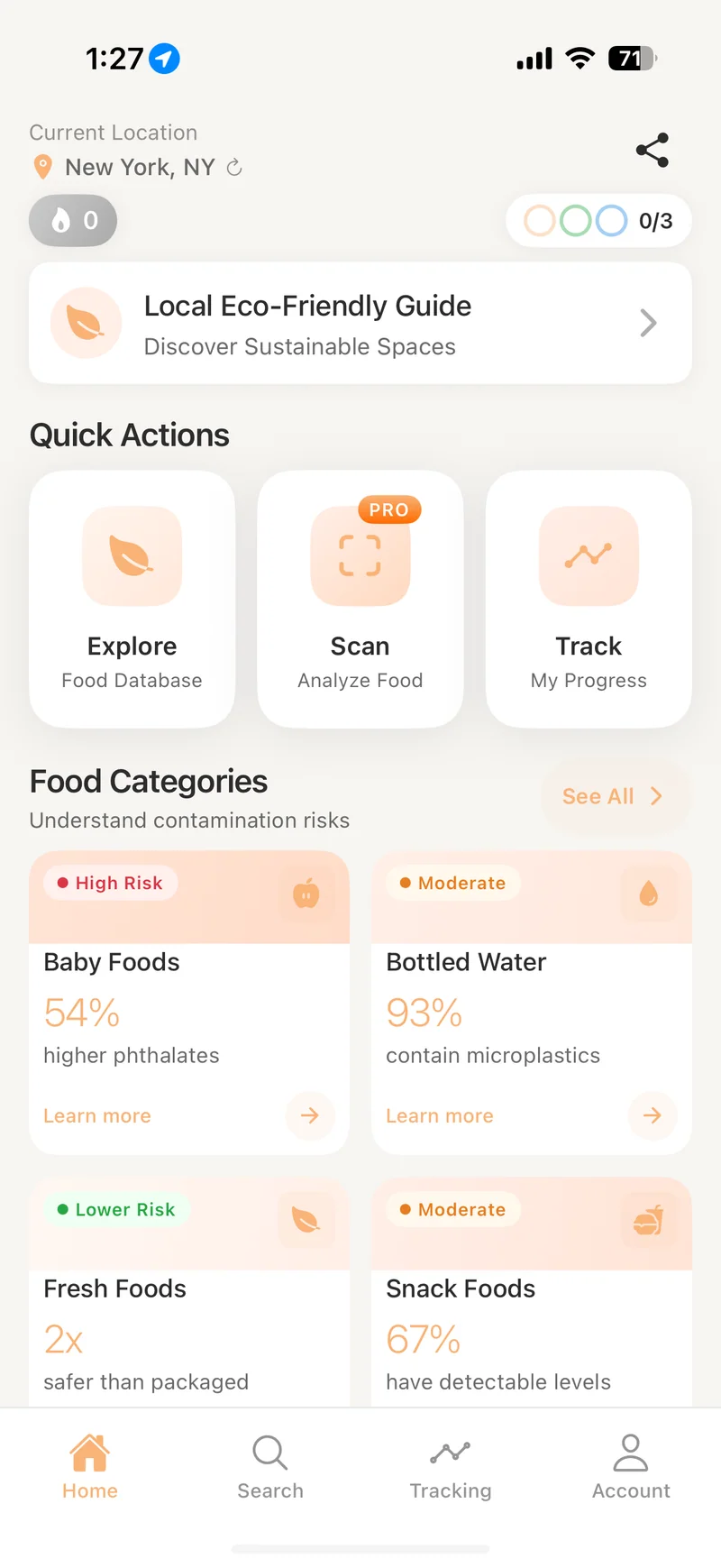 MicroPlastics scanner app — home screen showing food categories and exposure summary