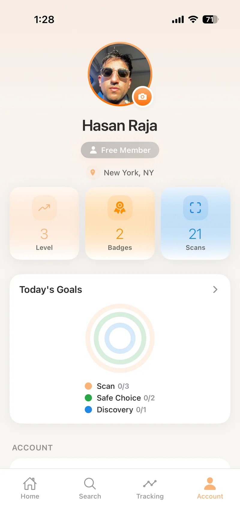 Profile — badges, scans, and account
