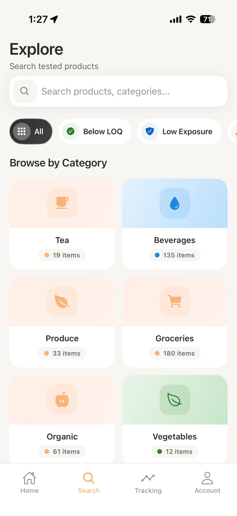Search — browse the product catalog by category