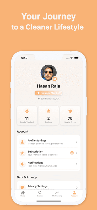 MicroPlastics app user profile showing safety score and tracking