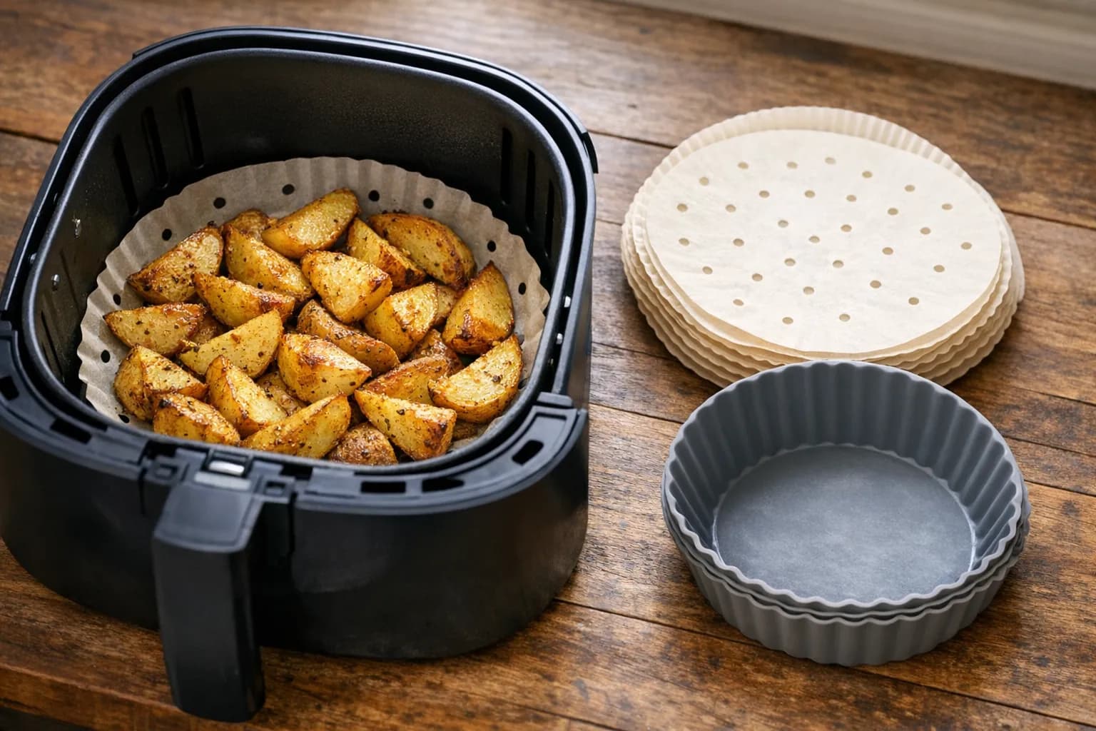 An open air fryer basket with a perforated paper liner and roasted potato wedges, beside a stack of paper liners and a grey silicone liner