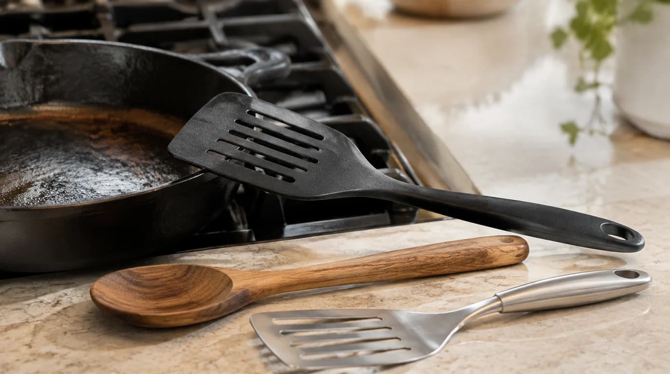 Black nylon spatula beside wooden and stainless-steel utensils near a cast-iron skillet