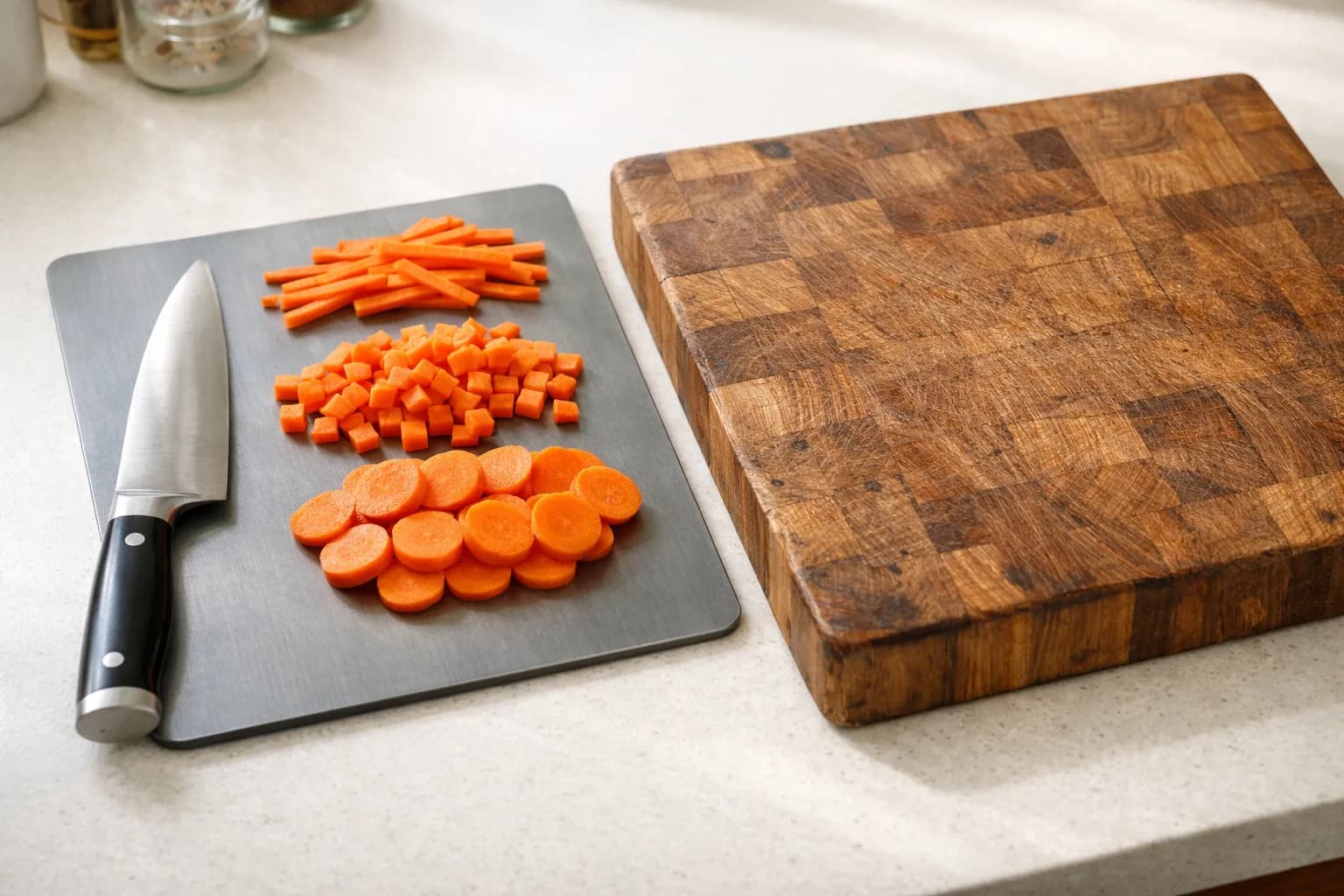 A thin brushed-metal cutting board with chopped carrots and a chef's knife beside a worn wooden end-grain board