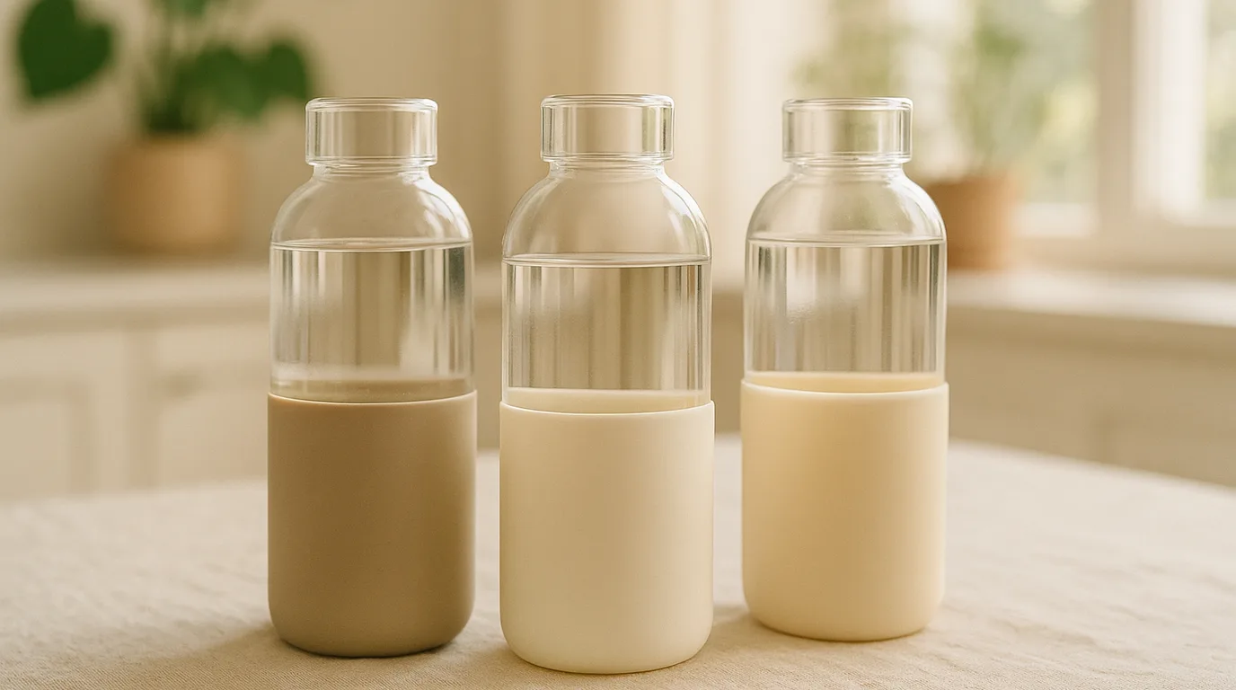 Three clear glass water bottles with silicone sleeves filled with water on a linen surface