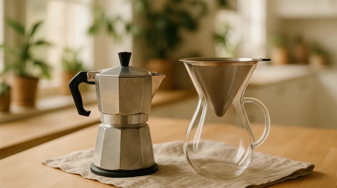A stovetop moka pot and a glass pour-over carafe with a stainless filter, plastic-free coffee makers
