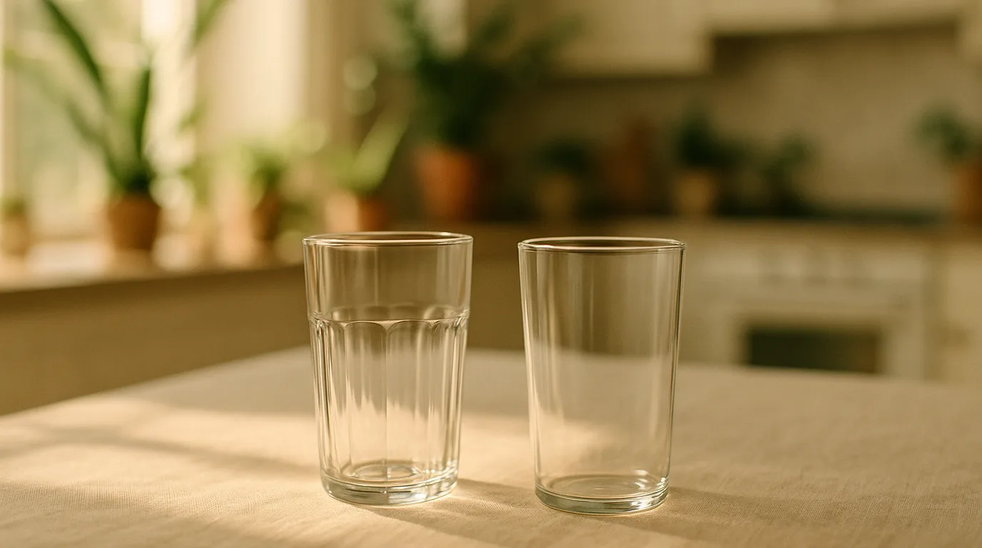 Two clear drinking glasses side by side catching warm window light on a linen surface