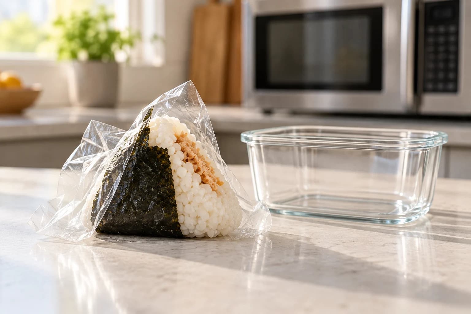 Unbranded rice ball partly removed from clear flexible packaging beside a glass container and microwave