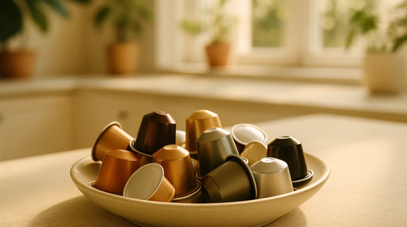 An assortment of coffee capsules and pods arranged in a ceramic dish on a counter
