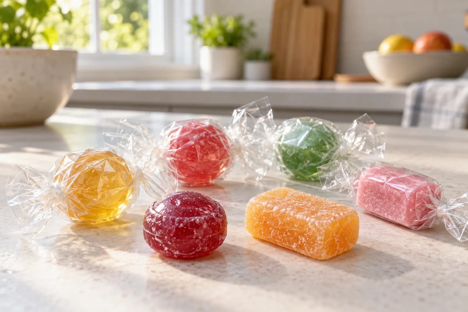 Unbranded colorful candies in clear individual plastic wrappers with two unwrapped pieces on a kitchen counter