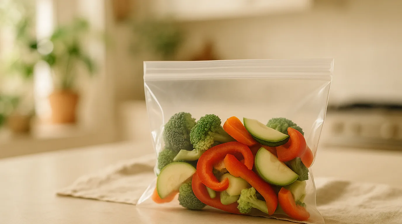 A clear plastic zip-top storage bag holding fresh food on a bright kitchen counter