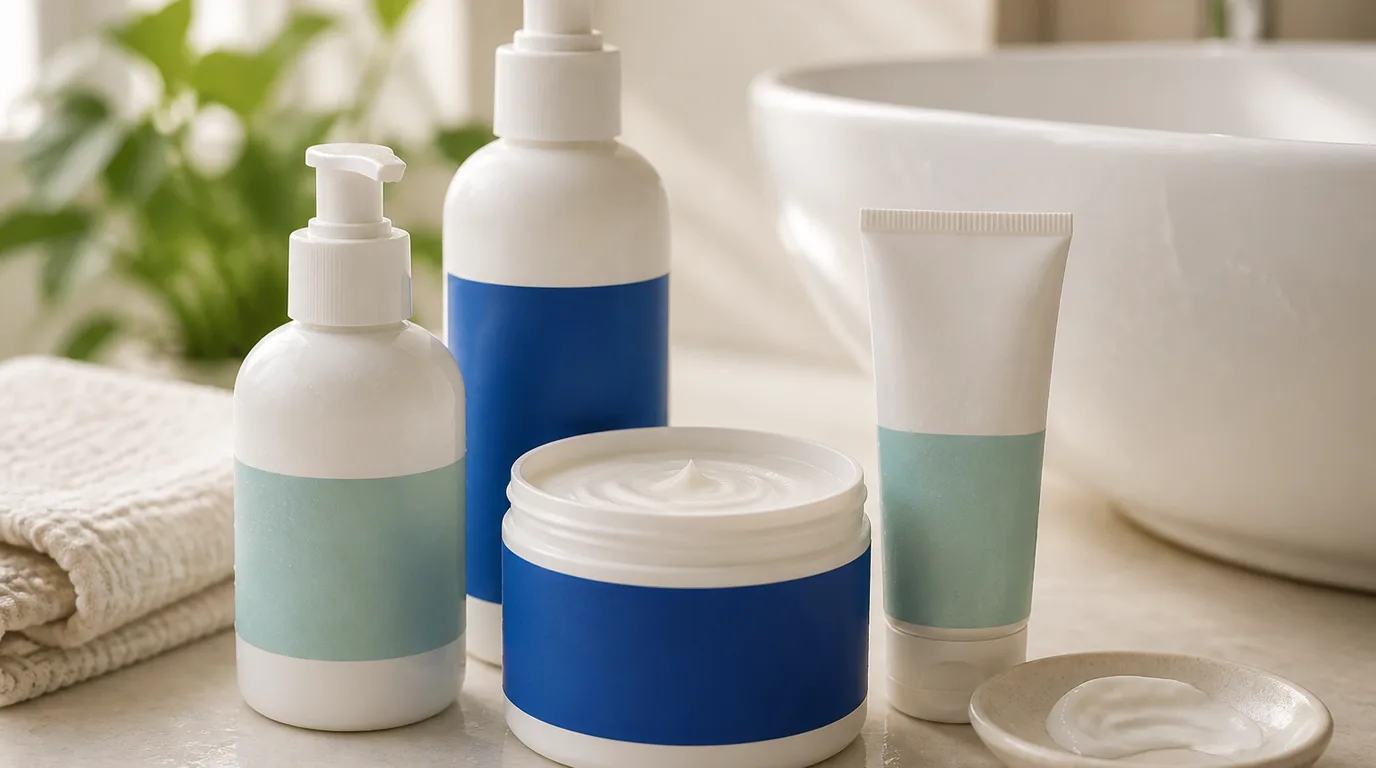 Unbranded blue-accent moisturizer, lotion, cleanser and cream grouped beside a bathroom basin