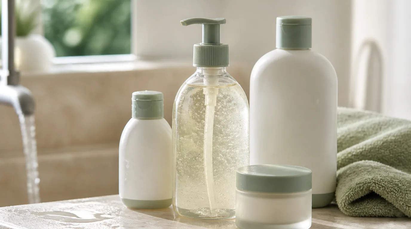 Unbranded sage-accent gentle cleanser, lotion and moisturizer on a bathroom sink
