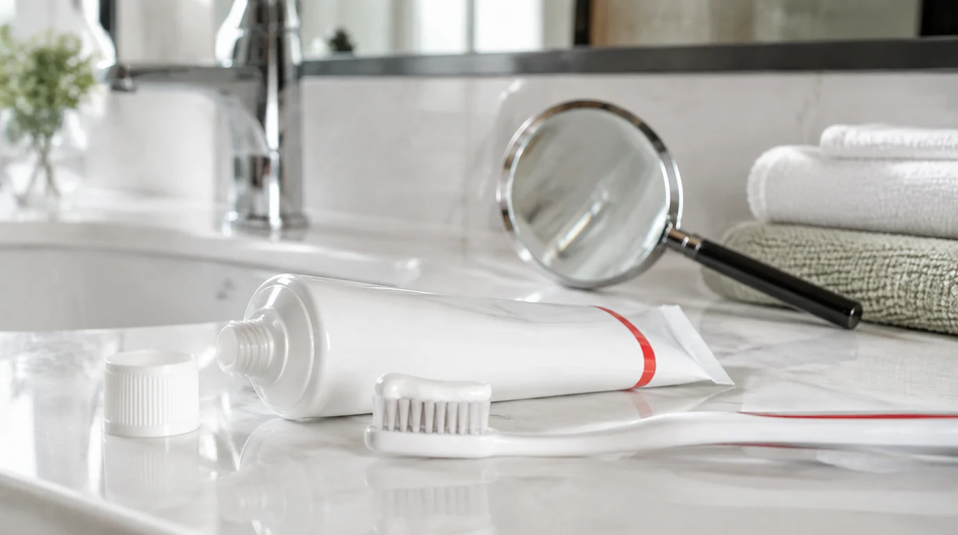 Unbranded toothpaste tube and toothbrush beside a magnifying glass on a bathroom counter