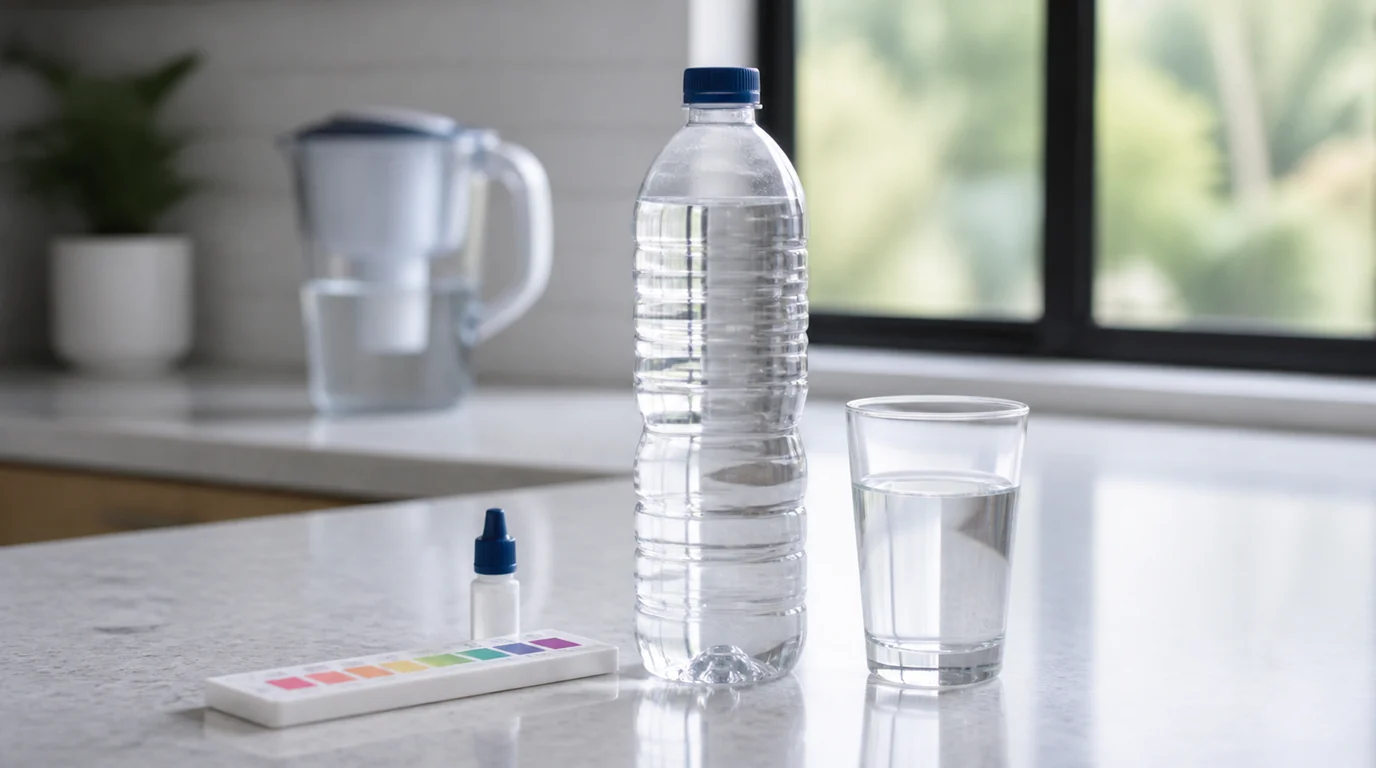 Clear alkaline water bottle beside a drinking glass and pH test setup on a bright counter
