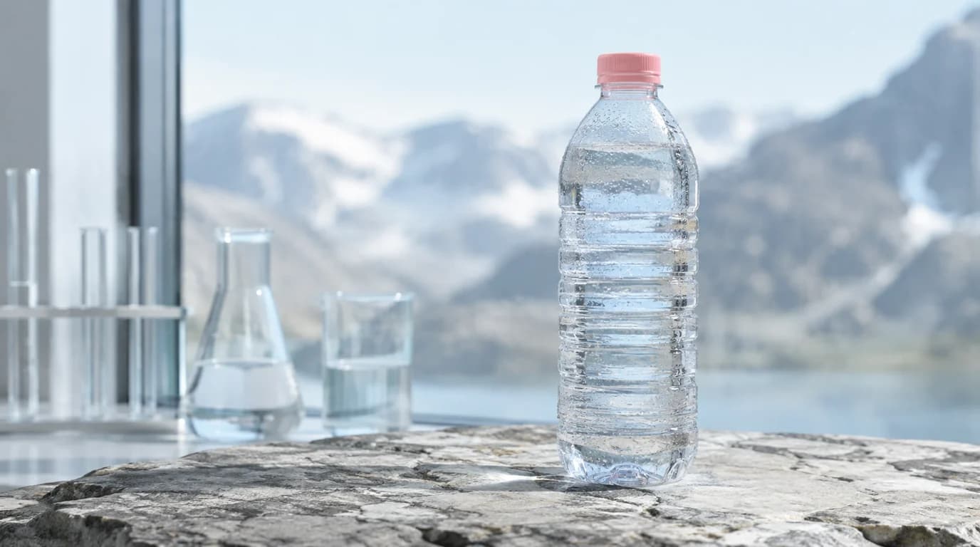 Clear mineral water bottle with a pale pink cap beside laboratory glassware and an Alpine backdrop