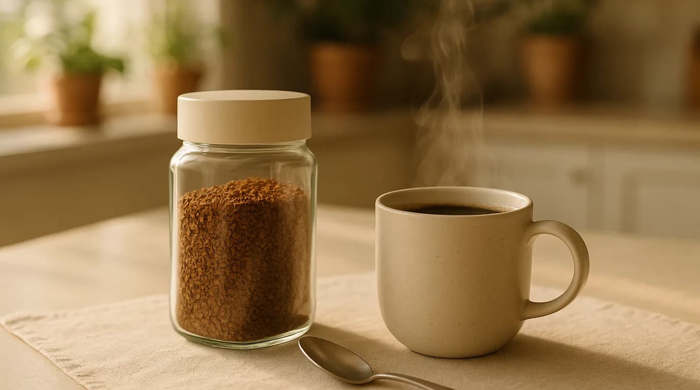 A glass jar of instant coffee granules beside a steaming mug of black coffee