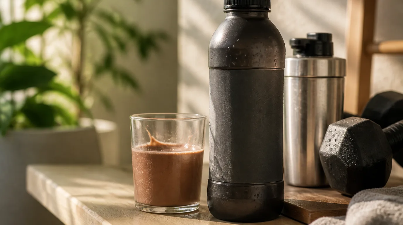 Dark plastic protein shake bottle, stainless shaker and dumbbell in a home workout space