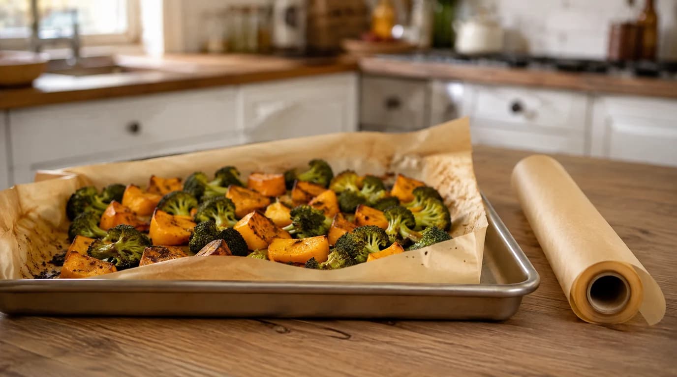 Roasted vegetables on unbleached parchment paper beside a parchment roll in a home kitchen