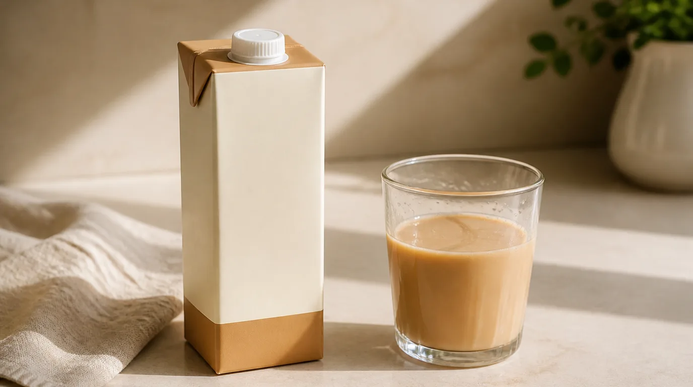 Blank aseptic carton beside a glass of caramel protein shake in morning kitchen light