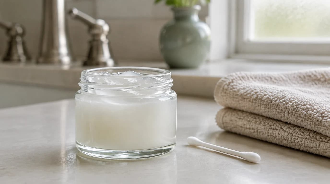 Open glass jar of translucent white petrolatum beside cotton towels on a bathroom counter