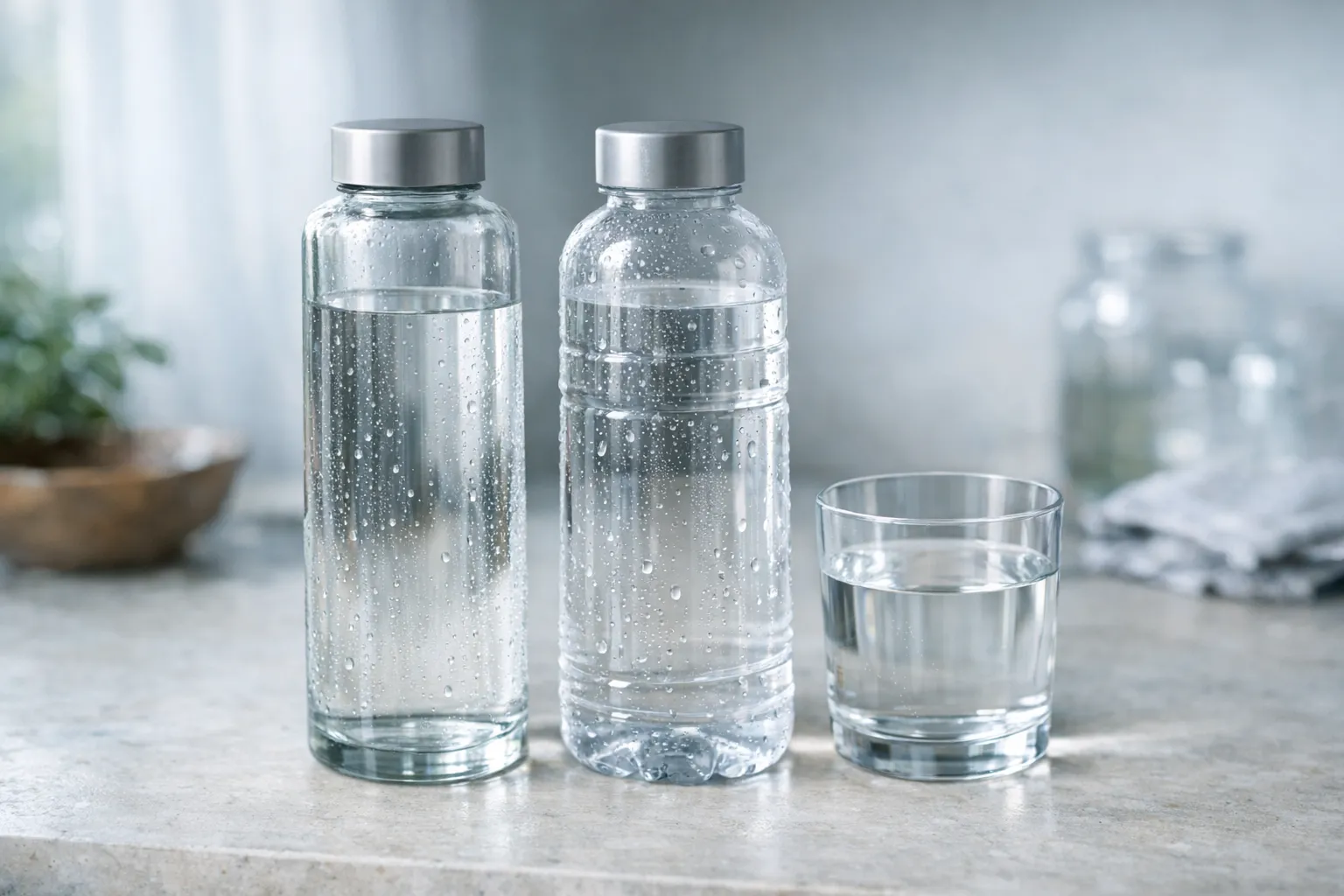 An unlabelled glass water bottle and an unlabelled plastic water bottle of the same cylindrical shape beside a glass of water