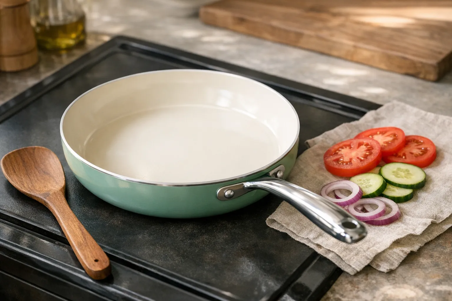 A sage-green ceramic nonstick frying pan with a cream cooking surface and steel handle beside a wooden spoon and sliced vegetables