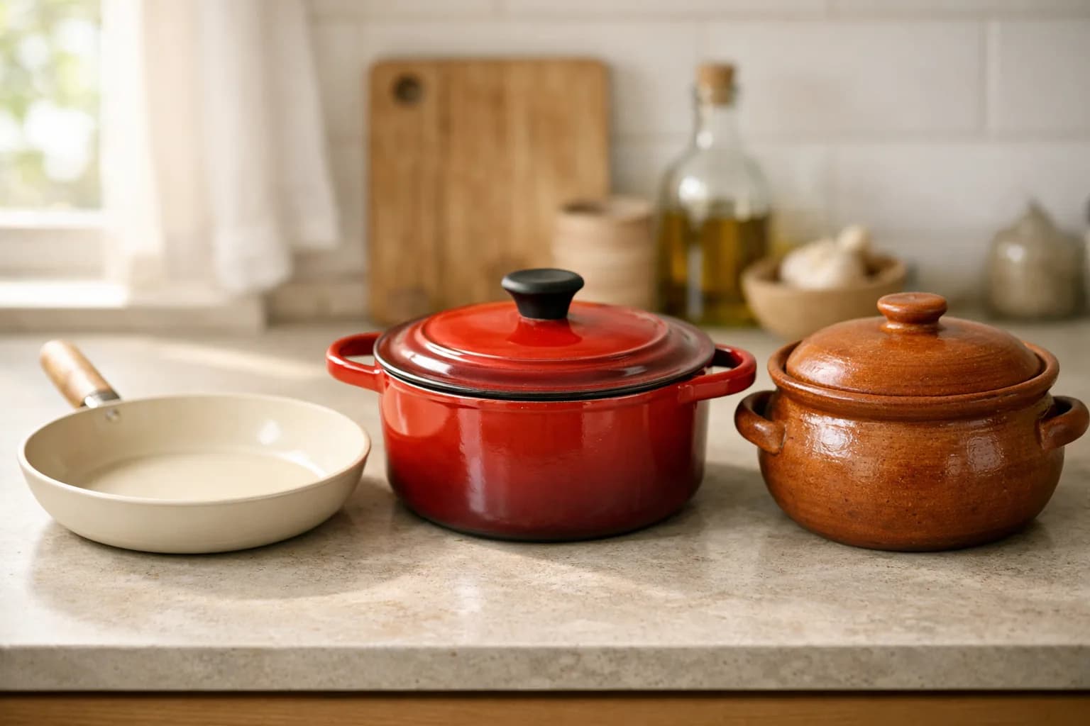A cream ceramic-coated frying pan, a red enamelled cast-iron pot and a glazed clay pot side by side on a kitchen counter