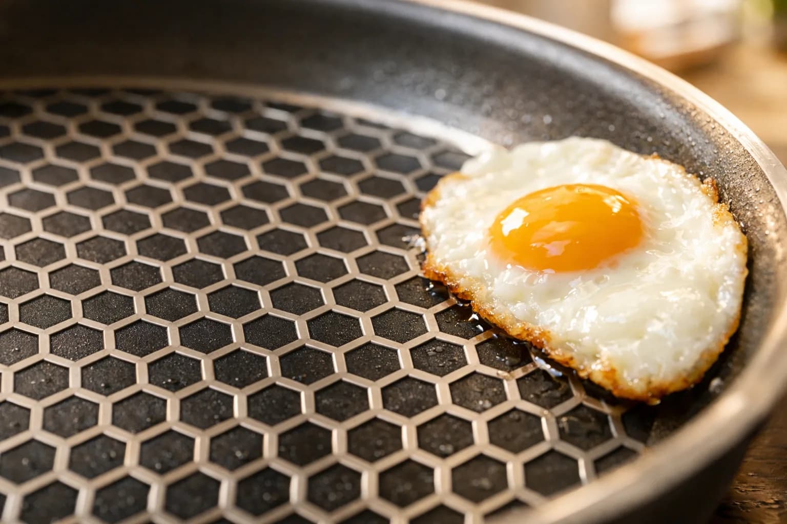 Close-up of a hybrid frying pan surface with a raised stainless steel hexagon pattern over a dark nonstick coating