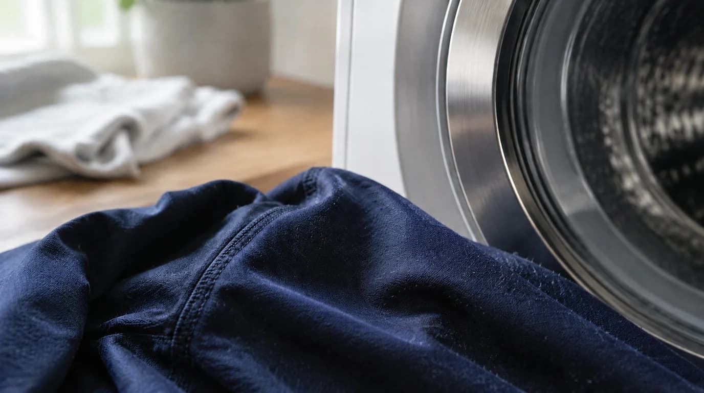 Navy polyester athletic fabric beside a front-loading washing machine in natural daylight