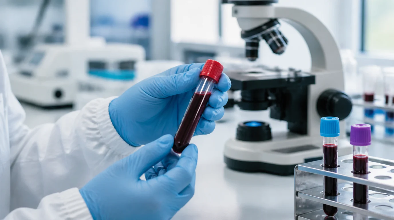 Gloved laboratory researcher examining a capped blood sample beside a microscope
