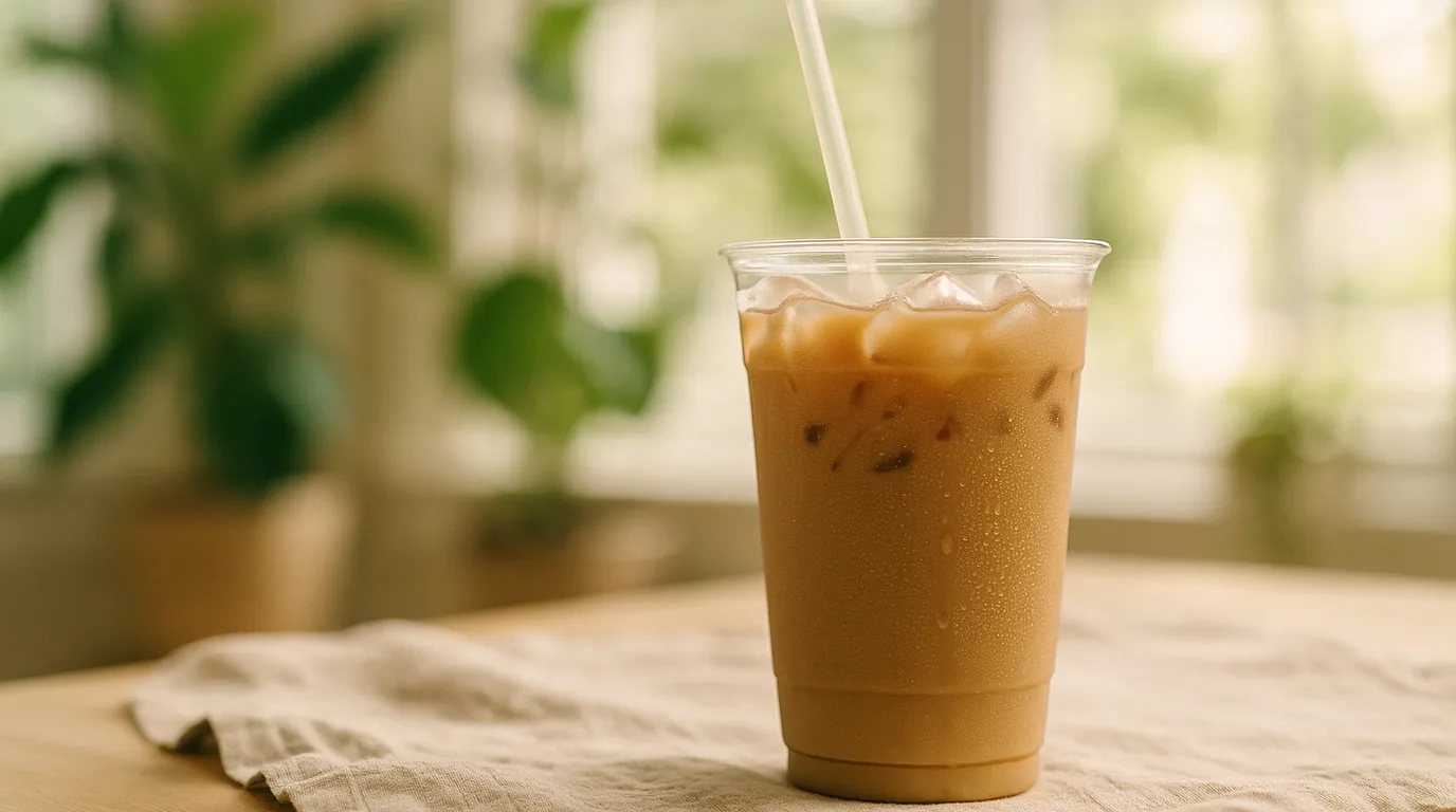 A tall clear plastic cup of iced coffee with a straw and condensation in summer light